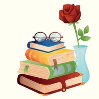A stack of four bright multi-colored books with bookmarks without inscriptions and drawings, with red round glasses on top and a red rose in a vase. Greeting square postcard for World Book Day vector