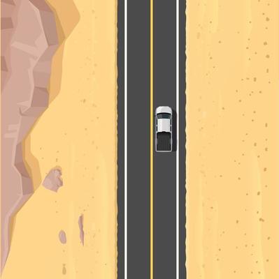 Desert road top view landscape, sand, car, rocks