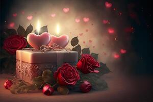 Valentines day background with roses, present box and candles glowing in the dark. photo