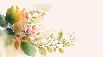 Spring watercolor flowers and leaves background, abstract art background for banner, poster, Web and packaging. photo