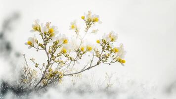 Beautiful spring scenery background with yellow jasmine flower on misty white background. photo