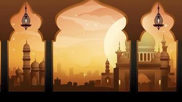 Islamic background with lantern, moon, and mosque from a window. photo