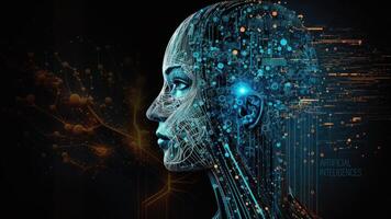Artificial intelligence in humanoid head with neural network thinks. Technology background concept, futuristic background. photo