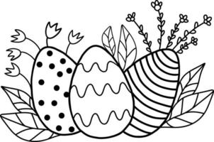 Black and white Easter eggs with a beautiful pattern and flowers. Vector illustration of Easter eggs in mandala style with a detailed pattern, children is Easter coloring book.