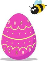 Vector illustration of an Easter egg and a bee.  Pink Easter egg with a beautiful pattern. Vector isolated drawing.Postcard.A flat illustration drawn by hand.
