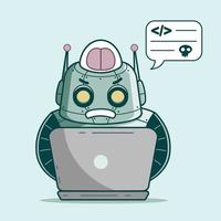 Cute robot hacking with laptop and speech bubble. Vector cartoon illustration.