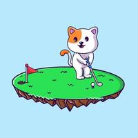 linda gato jugando golf en césped dibujos animados vector