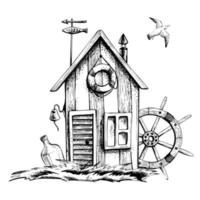 Fisherman's house on the grass with a ship's wheel, a bottle of rum and a seagull, isolated composition on a white background hand drawn in graphic style. Eps vector illustration. For prints, posters