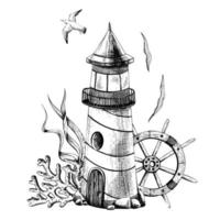 Lighthouse with corals, algae, a rudder and a flying seagull isolated object on a white background, hand-drawn in a graphic. Vector, marine composition, in EPS format. For poster, postcard, print vector