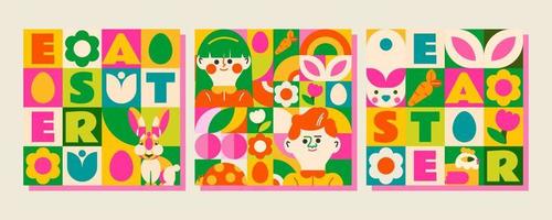 3 patterns in mosaic style for a happy Easter day. Bright, spring design with people, rabbits, flowers, Easter eggs and many elements that create a festive mood and the arrival of a warm spring vector