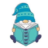 Cute cartoon gnome is reading a huge book. vector