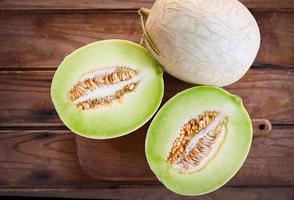 cantaloupe melon on wooden plate, cantaloupe thai slice fruit for health green cantaloupe thailand photo