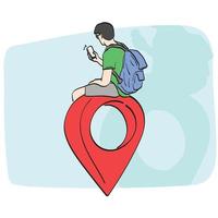 line art male traveler with backpack sitting on big red location icon illustration vector hand drawn isolated on white background