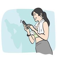 línea Arte mujer en ropa de deporte utilizando teléfono inteligente y auriculares ilustración vector mano dibujado aislado en blanco antecedentes