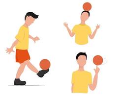 A set of illustrations on the theme of football, young guys do tricks with the ball, stuff the ball, twist the ball on the head, spin the ball on the finger vector