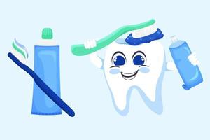 Funny Teeth. Dental care illustration. Brushing teeth with toothpaste and toothpaste, dentistry, health, vector
