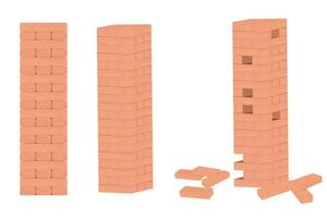 Jenga board game illustration, realistic illustration, front view, side view, tower view while playing, vector