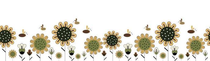 Color graphic style flowers and bees vector seamless long background or banner isolated on white background.