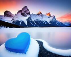 a heart shaped piece of ice with mountains in the background by photo