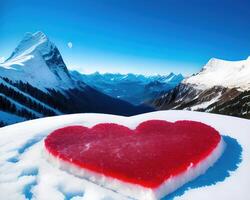 a heart shaped piece of ice with mountains in the background by photo