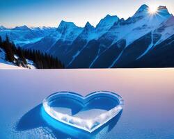 a heart shaped piece of ice with mountains in the background by photo