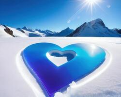 a heart shaped piece of ice with mountains in the background by photo