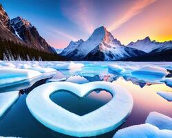 a heart shaped piece of ice with mountains in the background by photo