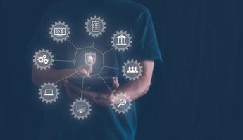 Fingerprint scanning and biometric authentication, processing of biometric for access personal data. surveillance and security scanning of digital programs cyber futuristic applications photo