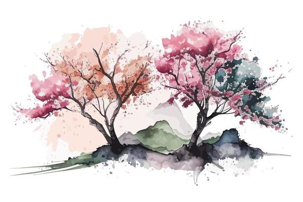 watercolor cherry blossom grove illustration design