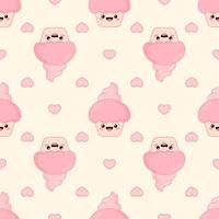 Kawaii cupcake with hearts. Adorable sweetie. Seamless pattern. Cute pink vector illustration.