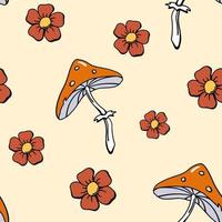 Flowers and toadstool mushroom seamless pattern or background design in 70s retro style. Warm color palette hippie floral textile print with fly agaric. Hand drawn doodle vector illustration.