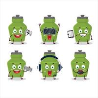 Green drink bottle cartoon character are playing games with various cute emoticons vector