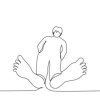 man stands barefoot on a transparent floor and looks down at the viewer - one line drawing vector. concept of high society, neighbors on top, foot fetish, walking barefoot vector