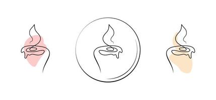 Set of minimalistic continuous line burning candle for the logo in various designs. Candle in one line art style. vector