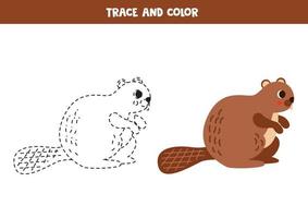 Trace and color cartoon cute beaver. Worksheet for children. vector