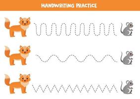 Tracing lines for kids. Cartoon cute fox and mouse. vector