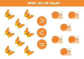 More, less or equal with cartoon cute insects. vector