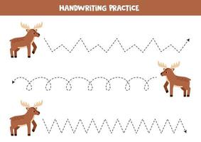 Tracing lines for kids. Cartoon cute elk or moose. vector