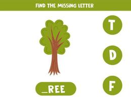 Find missing letter with cartoon tree. Spelling worksheet. vector