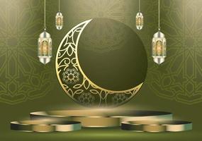 Islamic holiday celebration banner designed with crescent moon and illustration of mosque. Background suitable for Ramadan and Eid al-Fitr vector