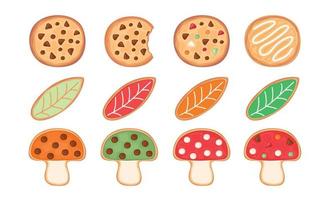 Chocolate cookies with chip topping and rounded, leaf and mushroom shape vector