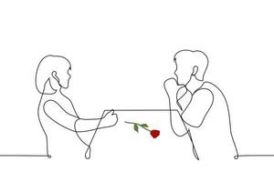 man and a woman sit at a table opposite each other on the table lies a red rose - one line drawing vector. date concept, blind date vector
