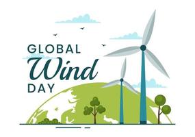 Global Wind Day Vector Illustration on June 15 with Earth Globe and Winds Turbines on Blue Sky in Flat Cartoon Hand Drawn Landing Page Templates