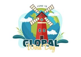 Global Wind Day Vector Illustration on June 15 with Earth Globe and Winds Turbines on Blue Sky in Flat Cartoon Hand Drawn Landing Page Templates