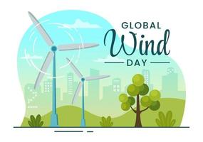 global viento día vector ilustración en junio 15 con tierra globo y vientos turbinas en azul cielo en plano dibujos animados mano dibujado aterrizaje página plantillas