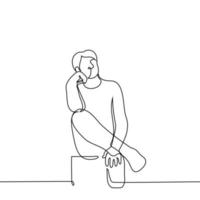 man sits on a stool with his legs crossed and resting his elbow on his knee props his head - one line drawing vector. concept thinker vector