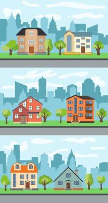 Set of three vector illustrations of city street with cartoon houses and trees. Summer urban landscape. Street view with cityscape on a background