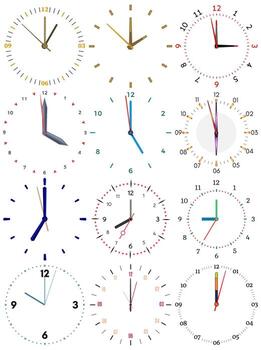 A set of different mechanical clocks with an image of each of the twelve hours. Clock face on white background. vector