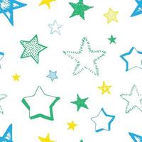 Seamless background of doodle stars. Multicolor hand drawn stars on white background. Vector illustration