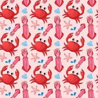 Vector seamless pattern underwater. Repeat the background with crabs, starfish, squid. Funny illustration in pink with cute sea animals